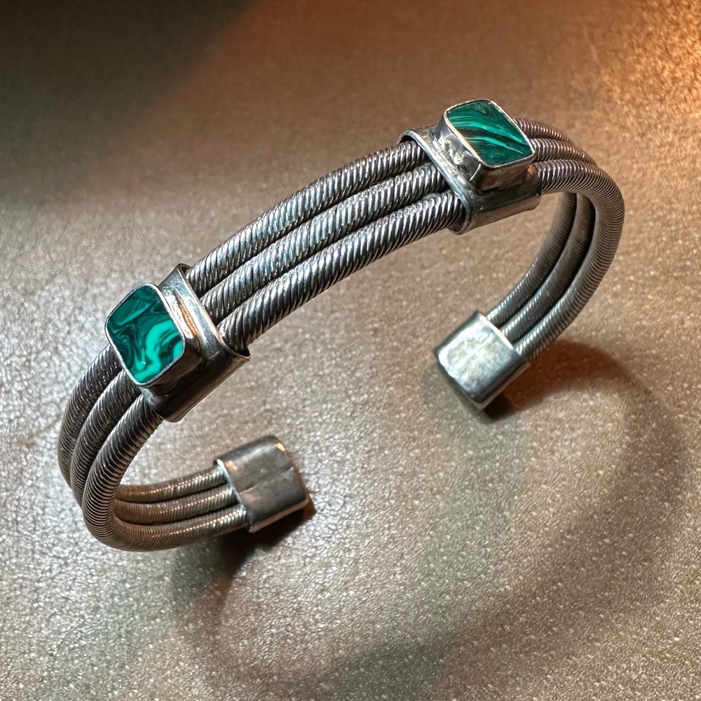 Vintage Sterling silver 925 malachite cuff bracelet Tacxo brutalist modernist